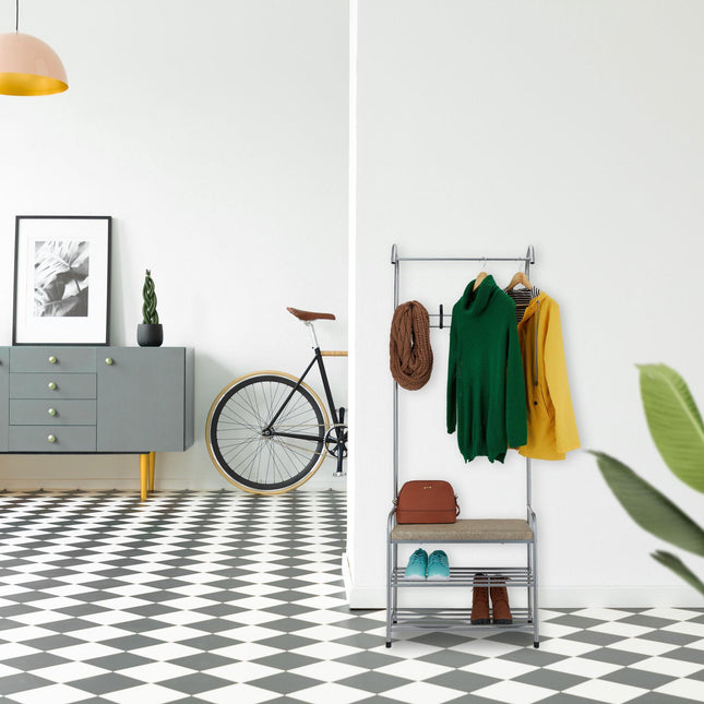 Clothes hanger with shoe shelf and bench