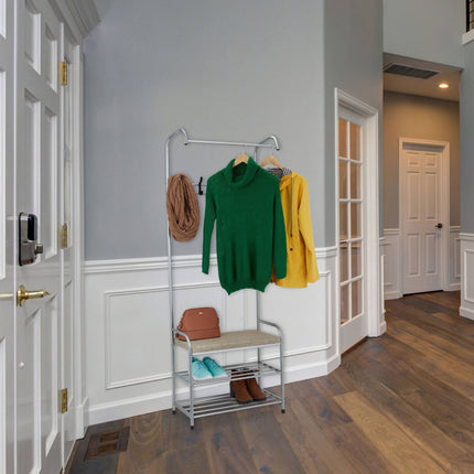 Clothes hanger with shoe shelf and bench