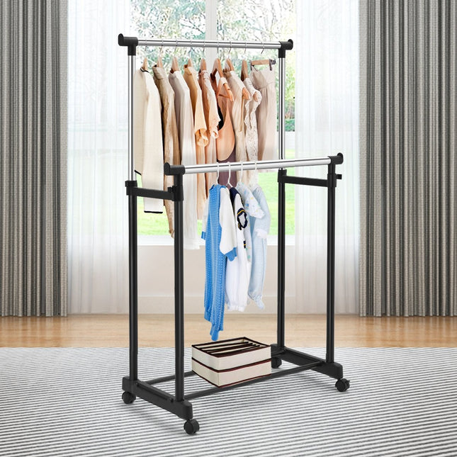 Clothes rack, height-adjustable coat rack, rolling coat rack with wheels, black, 86 x 43 x 94-168 cm