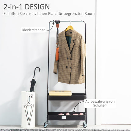 Portant à vêtements sur roulettes, porte-manteau avec tringle à vêtements, porte-chaussures, porte-manteau sur pied en acier, pour salon, chambre à coucher, charge jusqu'à 16 kg, noir
