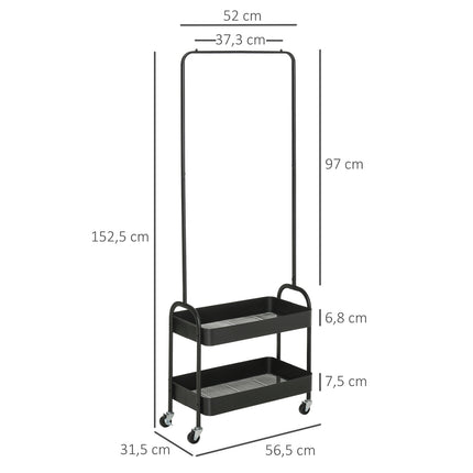 Portant à vêtements sur roulettes, porte-manteau avec tringle à vêtements, porte-chaussures, porte-manteau sur pied en acier, pour salon, chambre à coucher, charge jusqu'à 16 kg, noir