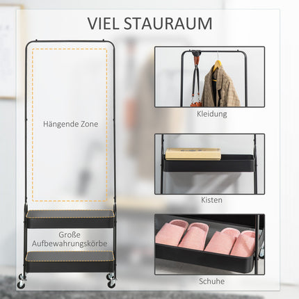 Portant à vêtements sur roulettes, porte-manteau avec tringle à vêtements, porte-chaussures, porte-manteau sur pied en acier, pour salon, chambre à coucher, charge jusqu'à 16 kg, noir