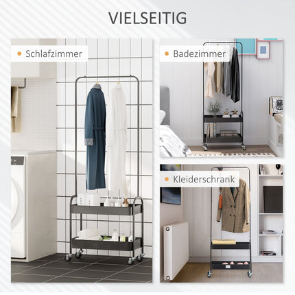 Portant à vêtements sur roulettes, porte-manteau avec tringle à vêtements, porte-chaussures, porte-manteau sur pied en acier, pour salon, chambre à coucher, charge jusqu'à 16 kg, noir