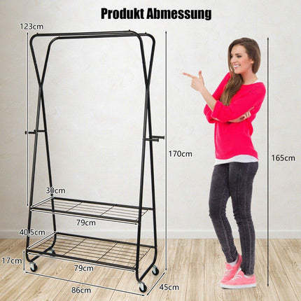 Clothes rack on wheels with 2 clothes rails & 2 shelves & 4 hooks coat stand