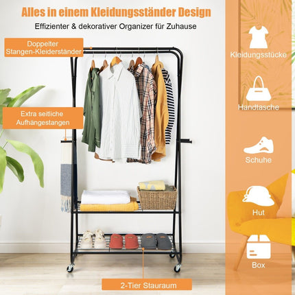 Clothes rack on wheels with 2 clothes rails & 2 shelves & 4 hooks coat stand