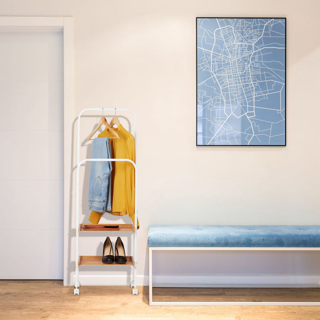 Clothes rack on wheels with 2 shelves