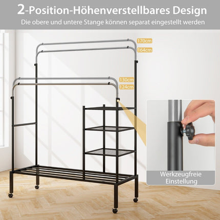 Kleiderständer mit 2 Kleiderstangen, Kleiderständer auf Rollen, Garderobenständer, höhenverstellbar 135 x 54 x 170cm silber