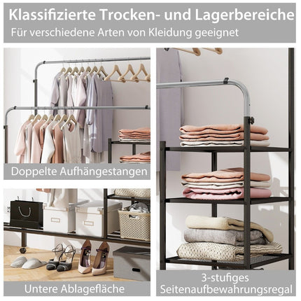 Kleiderständer mit 2 Kleiderstangen, Kleiderständer auf Rollen, Garderobenständer, höhenverstellbar 135 x 54 x 170cm silber