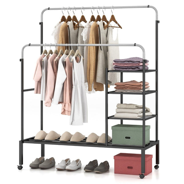 Clothes rack with 2 clothes rails, clothes rack on wheels, coat stand, height adjustable 135 x 54 x 170cm silver