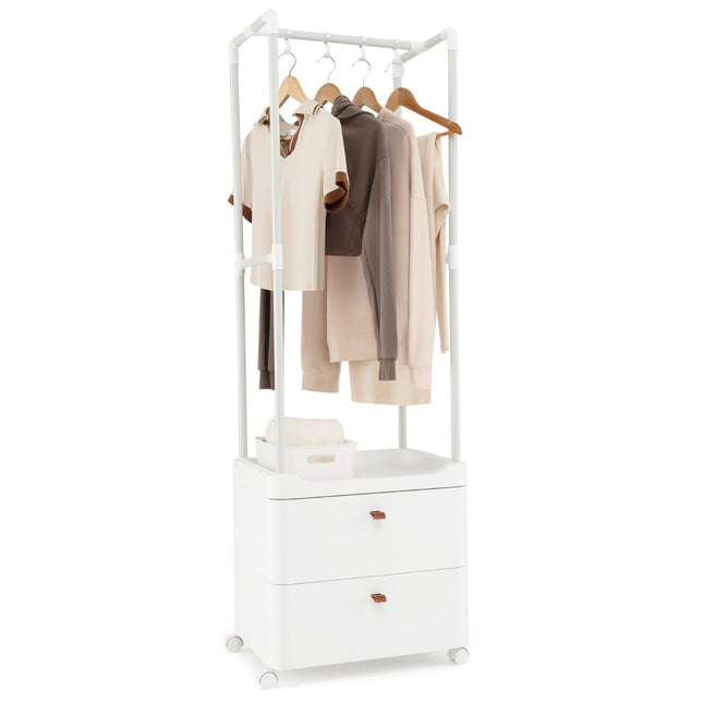 Clothes rack with 2 drawers coat rack with lockable wheels 52 x 40 x 161 cm white