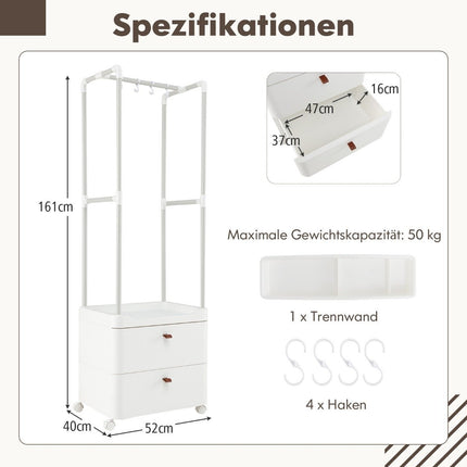 Kleiderständer mit 2 Schubladen Garderobenständer mit feststellbaren Rollen 52 x 40 x 161 cm weiß