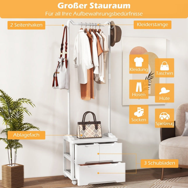 Clothes rack with 3 drawers Rolling coat rack with side hooks 46 x 38 x 157 cm