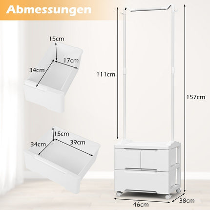 Kleiderständer mit 3 Schubladen Rollgarderobe mit seitlichen Haken 46 x 38 x 157 cm
