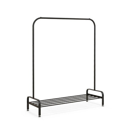 Stojan na oblečení s nastavitelnými nožkami, šatní tyčí a úložnou přihrádkou 112 x 42 x 145 cm černá