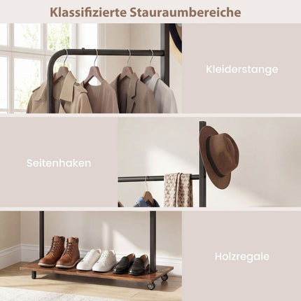 Clothing Rack on Wheels with Hooks, 60x30x175 cm, Brown