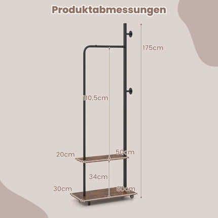 Clothing Rack on Wheels with Hooks, 60x30x175 cm, Brown