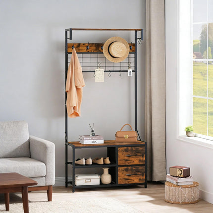 Coat Rack & Bench with Storage, Brown, MDF & Iron