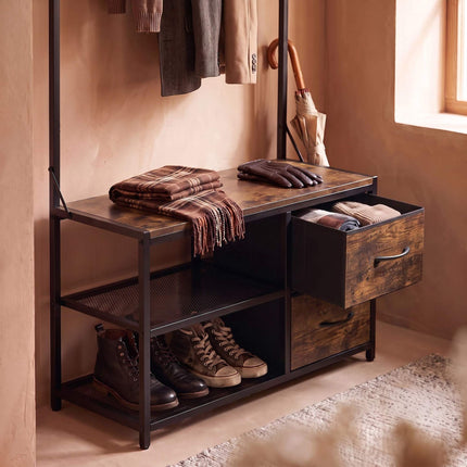 Coat Rack & Bench with Storage, Brown, MDF & Iron