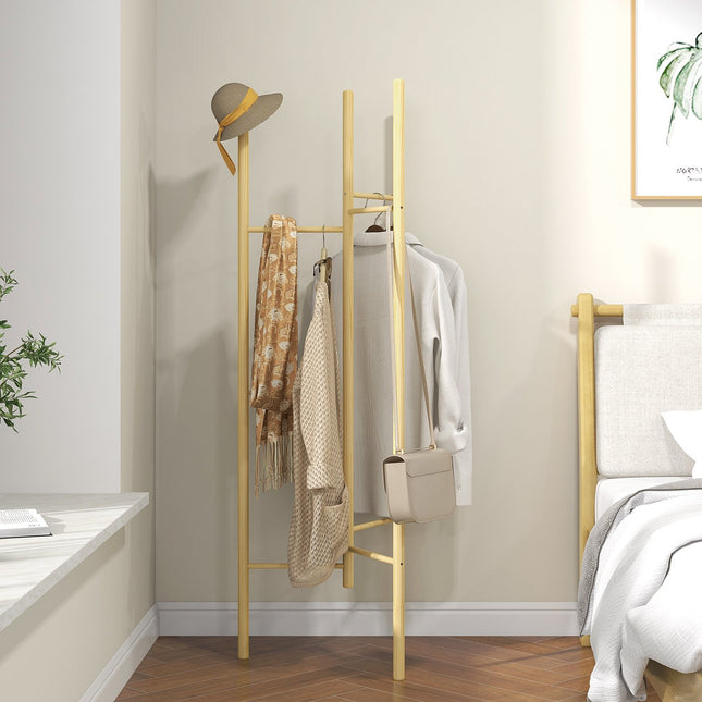 Porte-manteau, porte-vêtements avec 6 barres de suspension, bois massif, style nordique, pour vêtements, chapeaux, couloir, entrée, naturel