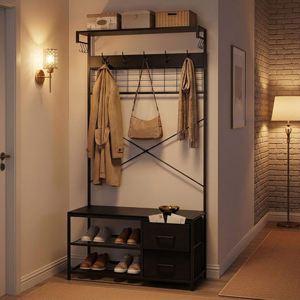 Coat Rack & Shoe Shelf with Drawers – Black, Metal Frame