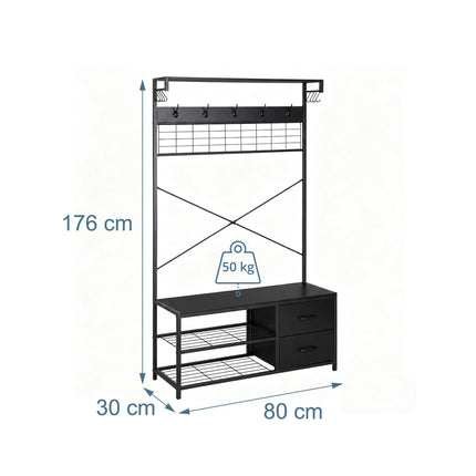 Coat Rack & Shoe Shelf with Drawers – Black, Metal Frame