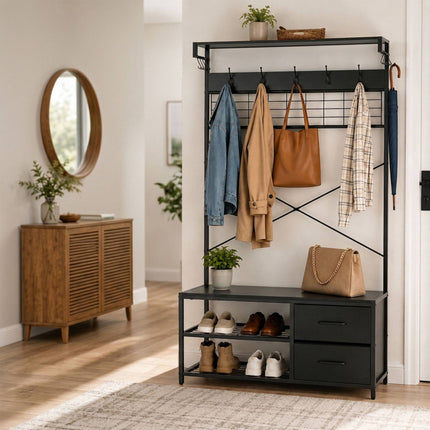Coat Rack & Shoe Shelf with Drawers – Black, Metal Frame