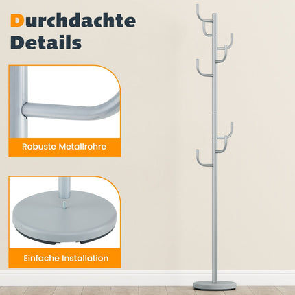 Garderobenständer, 175 cm, 8 Haken, höhenverstellbar, Silber