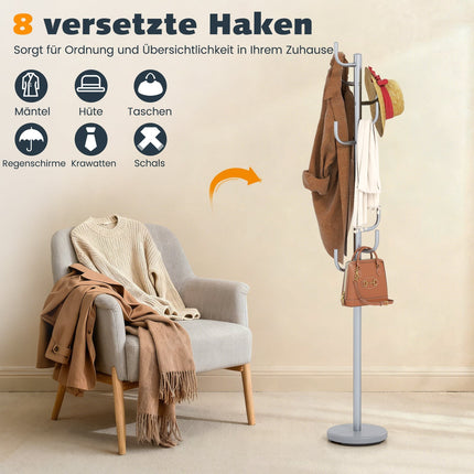 Garderobenständer, 175 cm, 8 Haken, höhenverstellbar, Silber