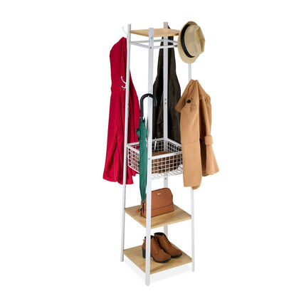 Coat Rack Stand with 8 Hooks, 3 Shelves, Basket
