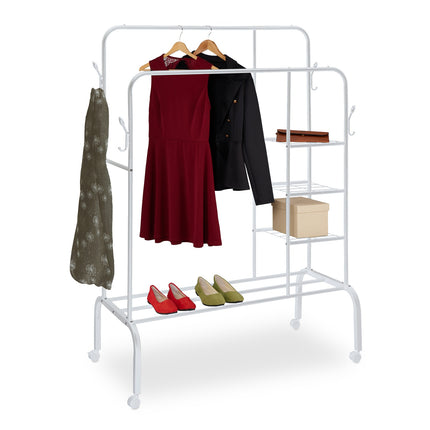 Rollgarderobe mit doppelten Kleiderstangen und Ablagen