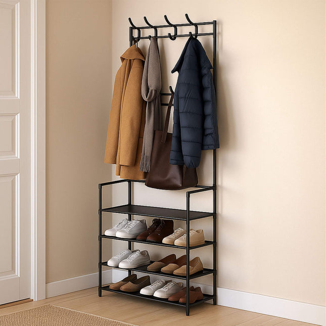 Coat Rack with 4 Shoe Shelves, Metal Freestanding