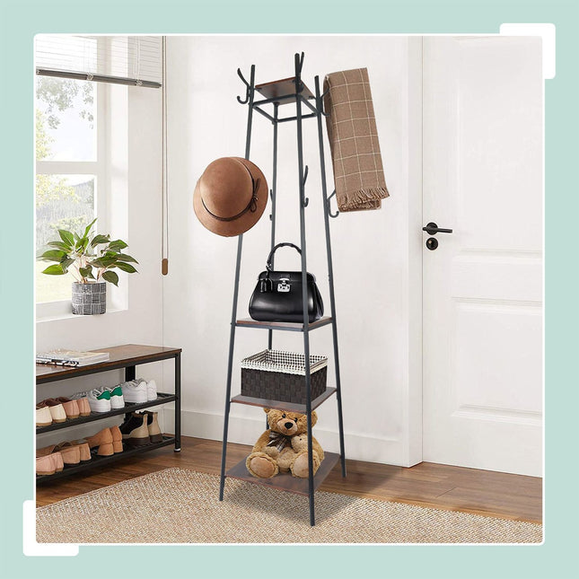 Coat Rack with 8 Hooks & 4 Shelves, 180 cm