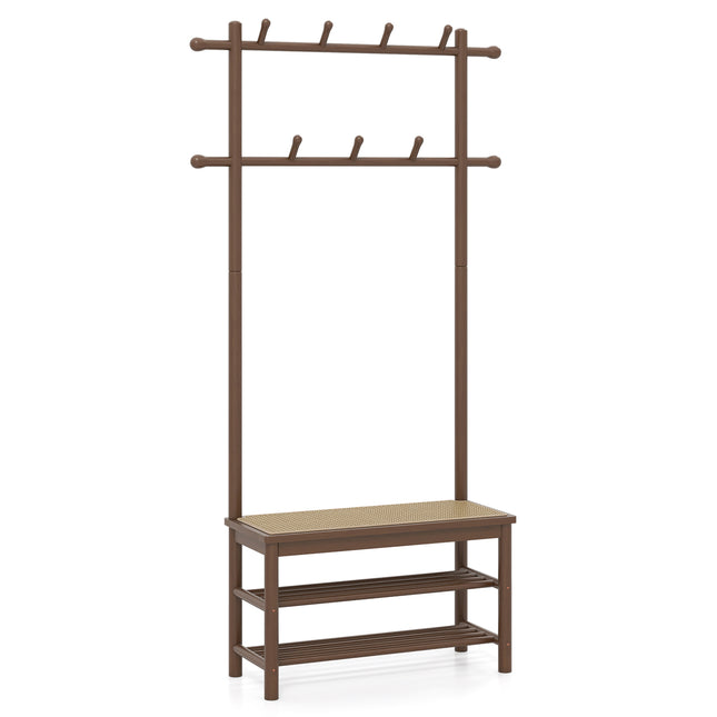 Coat Rack with Shoe Bench, Bamboo, 2 Rods, 13 Hooks