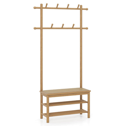 Coat Rack with Shoe Bench, Bamboo, 2 Rods, 13 Hooks