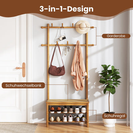 Coat Rack with Shoe Bench, Bamboo, 2 Rods, 13 Hooks