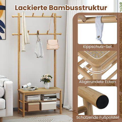 Coat Rack with Shoe Bench, Bamboo, 2 Rods, 13 Hooks