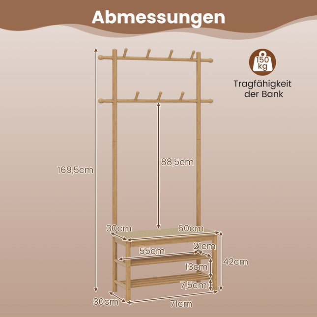 Coat Rack with Shoe Bench, Bamboo, 2 Rods, 13 Hooks