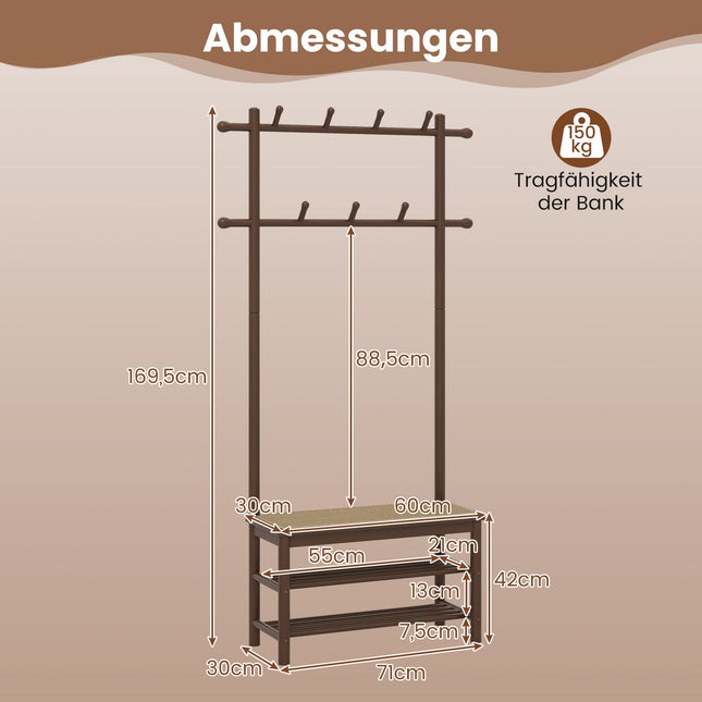 Coat Rack with Shoe Bench, Bamboo, 2 Rods, 13 Hooks