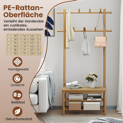 Coat Rack with Shoe Bench, Bamboo, 2 Rods, 13 Hooks