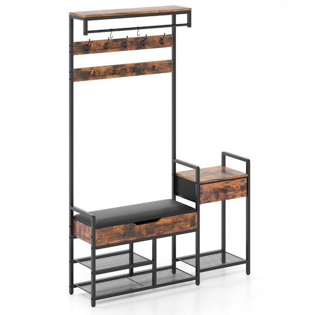 Coat Rack with Shoe Bench, Hooks, Drawer, and Shelf
