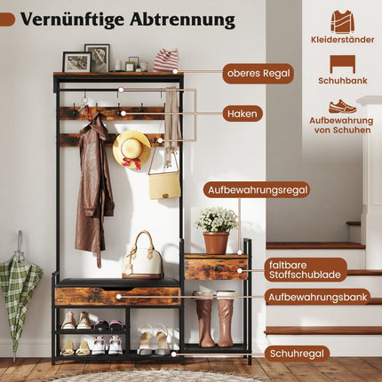 Garderobenständer mit Schuhbank, Haken, Schublade und Ablagefach