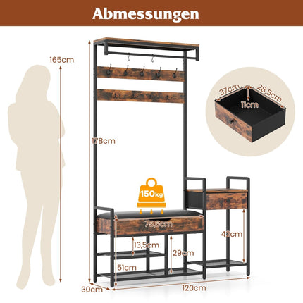 Garderobenständer mit Schuhbank, Haken, Schublade und Ablagefach