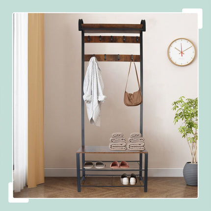 Coat Rack with Shoe Bench – Iron, 2 Hook Rails, Hat Shelf