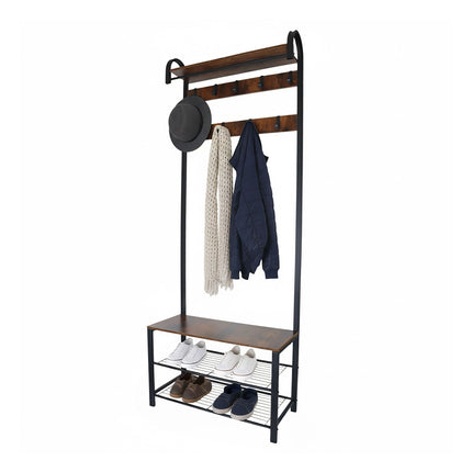 Coat Rack with Shoe Bench – Iron, 2 Hook Rails, Hat Shelf