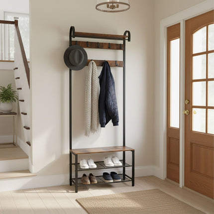 Coat Rack with Shoe Bench – Iron, 2 Hook Rails, Hat Shelf