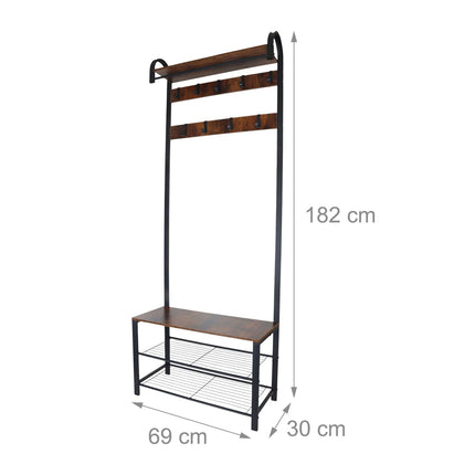 Coat Rack with Shoe Bench – Iron, 2 Hook Rails, Hat Shelf