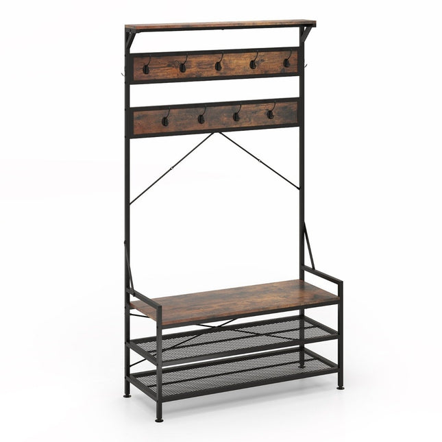 Coat Rack with Shoe Bench and Shelf – Brown, Metal Frame