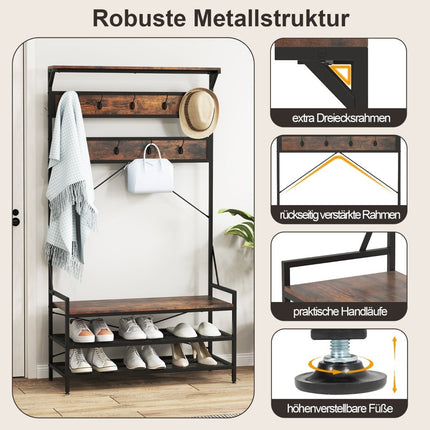 Garderobenständer mit Schuhbank und Regal – Braun, Metallrahmen