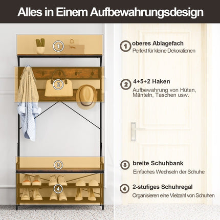 Garderobenständer mit Schuhbank und Regal – Braun, Metallrahmen