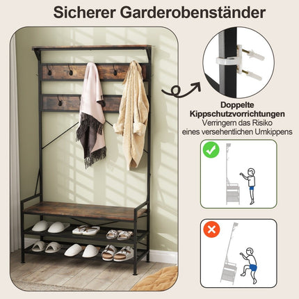 Garderobenständer mit Schuhbank und Regal – Braun, Metallrahmen
